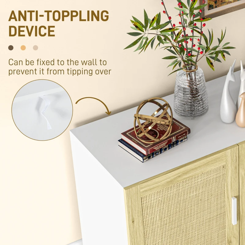 HOMCOM Boho Kitchen Cabinet, Buffet Cabinet with 3 Rattan Doors and Adjustable Shelves for Dining Room, White and Natural