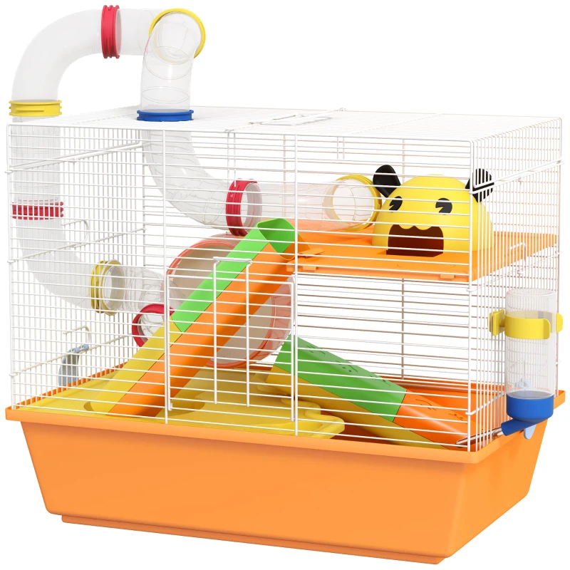 PawHut 3 Tiers Hamster Cage for Gerbil, Dwarf Hamster with Tunnels, Water Bottle, Exercise Wheel, 18" x 11" x 15" - Orange