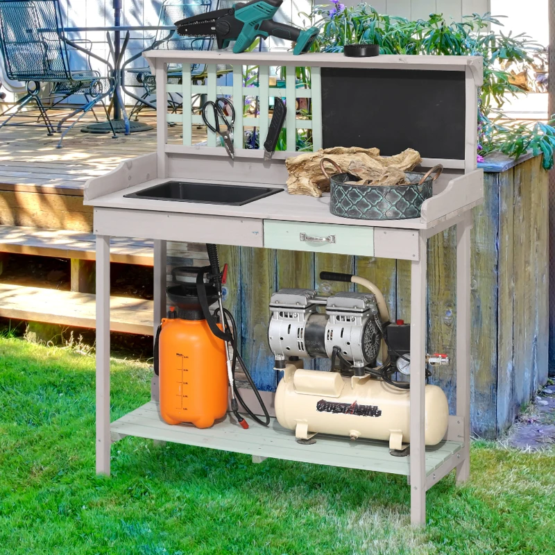 HOMCOM 36" Wooden Potting Table with Drawer, Storage Shelf, Blackboard, Sink, Outdoor Planting Workstation Bench Garage Tool Table, Grey