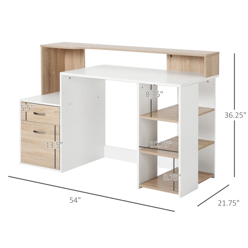 HOMCOM 54 Inches Computer Desk with Storage Shelves, Drawers and Printer Shelf, Writing Table for Home Office and Study, Oak