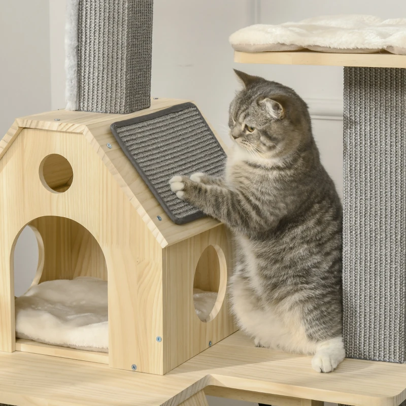 PawHut 49" Cat Tree, Cute Cat Tower with Pillow Covered Perches, Spinning Toy, Cat Condo, Scratching Posts, Ladder, Cat Activity Center, Cat Furniture for Indoor Cats, Natural