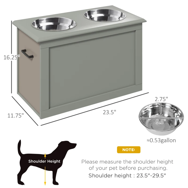 PawHut Raised Pet Feeding Storage Station with 2 Stainless Steel Bowls Base for Large Dogs and Other Large Pets, Gray