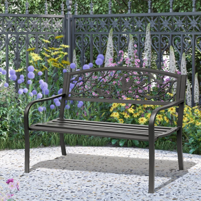 Outsunny 50" Garden Bench Outdoor Loveseat with Vintage Bird Pattern Cast Metal - Black