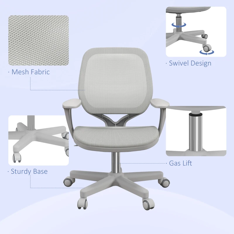 Vinsetto Office Chair, Small Computer Desk Chair with Mesh Back, Swivel Castors, Arm, Grey