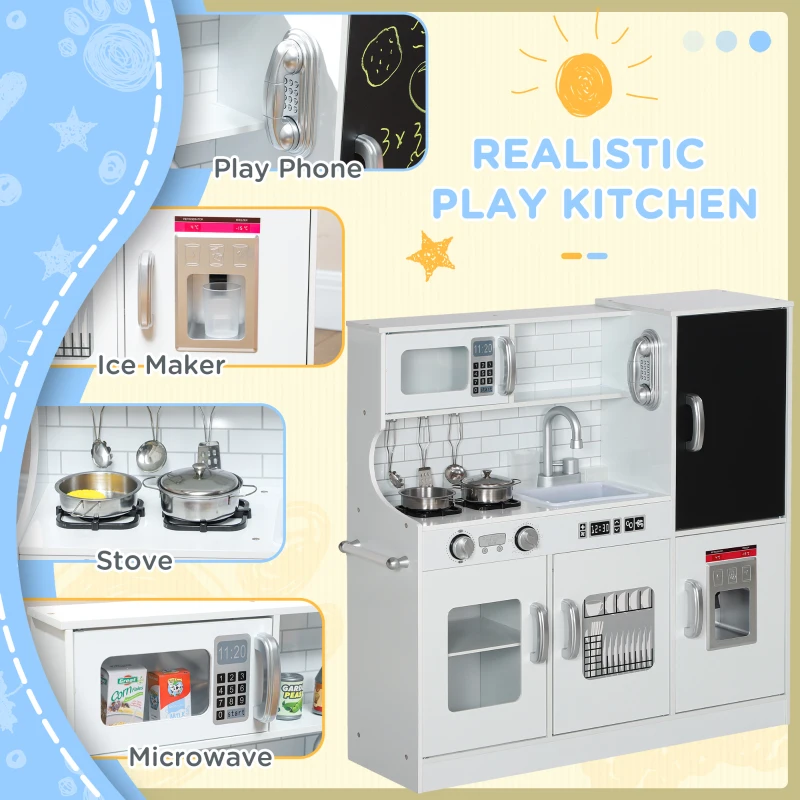 Qaba Pretend Play Kitchen, Kids Kitchen Playset with Play Phone, Chalkboard, Towel Rack & Ice Maker for 3-8 Years White