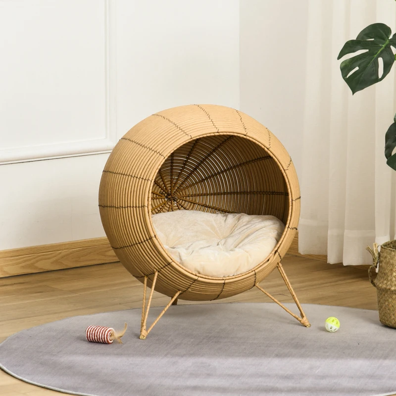 PawHut 20.5" Rattan Cat Bed, Wicker Elevated Round Condo for Comfort and Circulation with Cushion