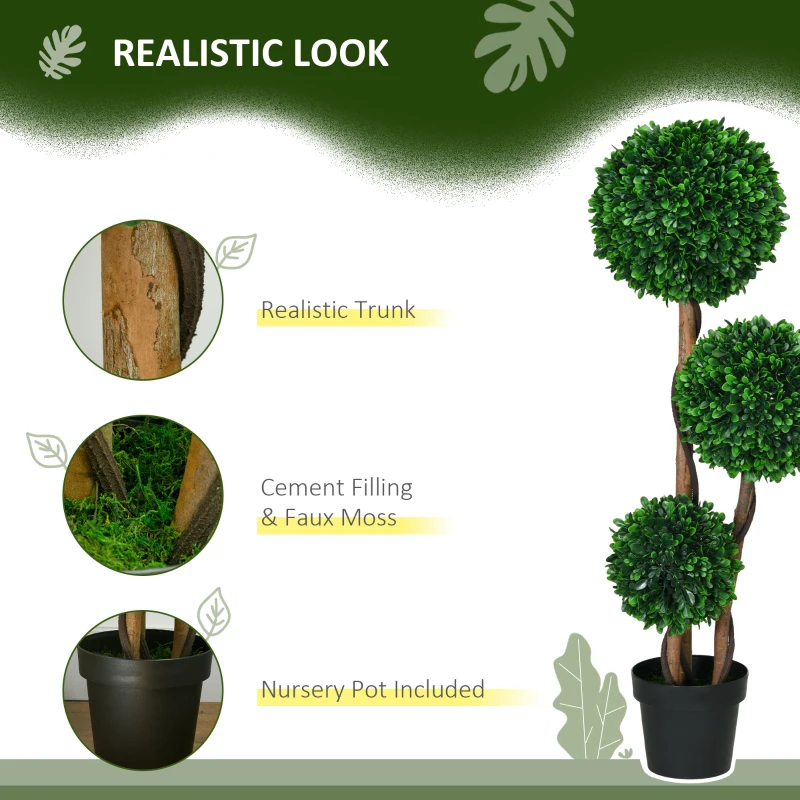 HOMCOM 3.5ft Artificial Tree, Triple Ball Boxwood Topiary with Pot and Sandalwood Leaves, for Indoor Outdoor Home