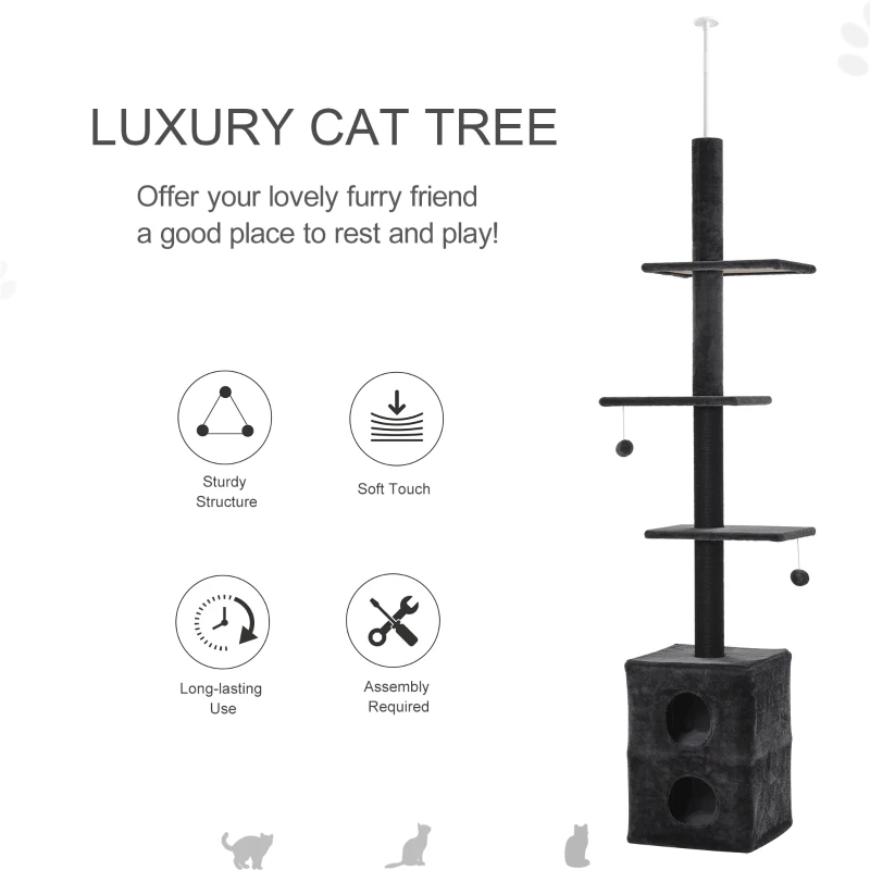 PawHut Cat Tree Floor to Ceiling Condo w/ Jute Scratching Post Dangling Ball Adjustable 86.5" H -96.5" H, Grey