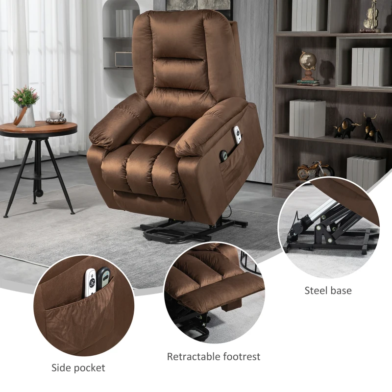 HOMCOM Lift Chair, Quick Assembly, Electric Riser and Recliner Chair with Vibration Massage, Heat, Side Pockets, Brown