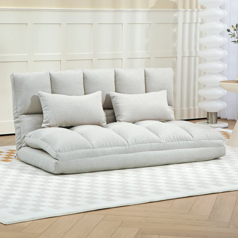 HOMCOM Convertible Floor Sofa, Foldable 2-Seater Lazy Sofa Sleeper with 9-position Backrest and 2 Pillows Cream White