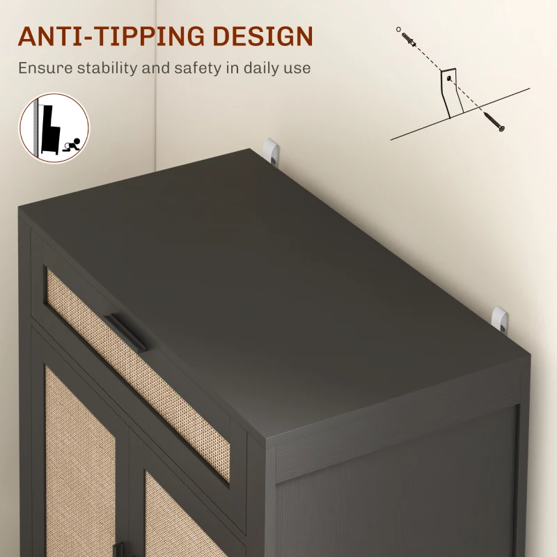 HOMCOM Kitchen Sideboard, Boho Storage Cabinet with 2 Rattan Decorated Doors and Drawer for Dining Room, Black