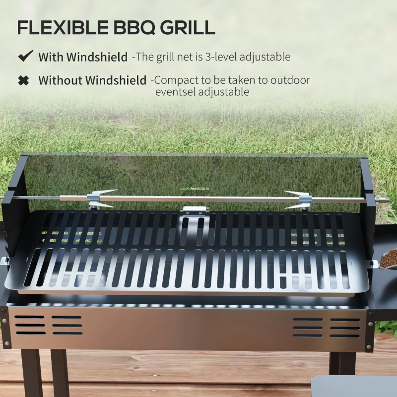 Outsunny BBQ Rotisserie Grill Charcoal, Split Roaster for Chicken Turkey, 3-Level Grill Grate, Storage Shelves, Stainless Steel
