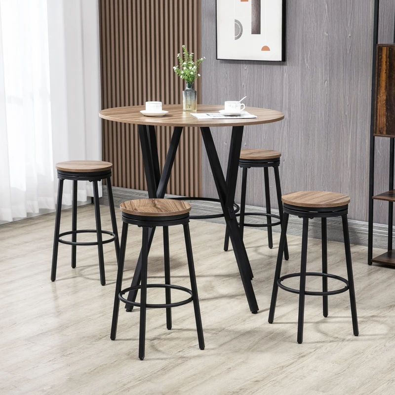 HOMCOM Industrial Bar Table and Chairs Set of 5, Round Dining Table & 4 Stools with Swivel Seat for Pub, Kitchen, Light Brown
