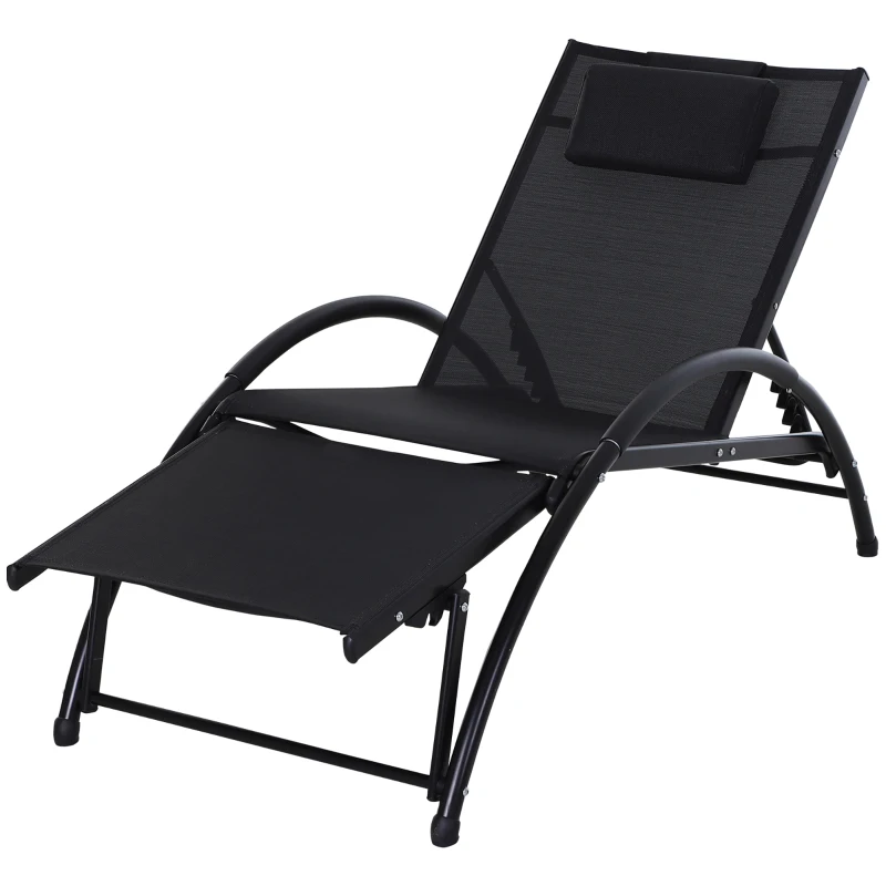 Outsunny Outdoor Lounge Chair with Breathable Mesh Fabric Seat, 5-Level Adjustable Reclining Chair with Aluminum Frame, Headrest Pillow, Adjustable Footrest, Black