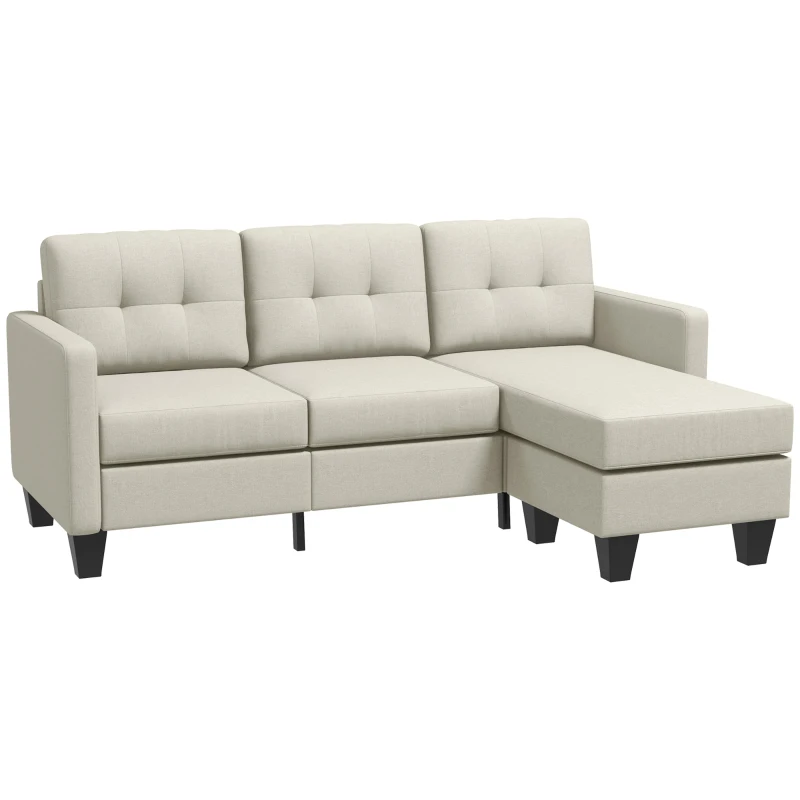 HOMCOM Small Corner Sofa, 3 Seater Sectional Couch with Ottoman, Corner Sofa with Thick Padded Cushion and Wood Legs, Beige