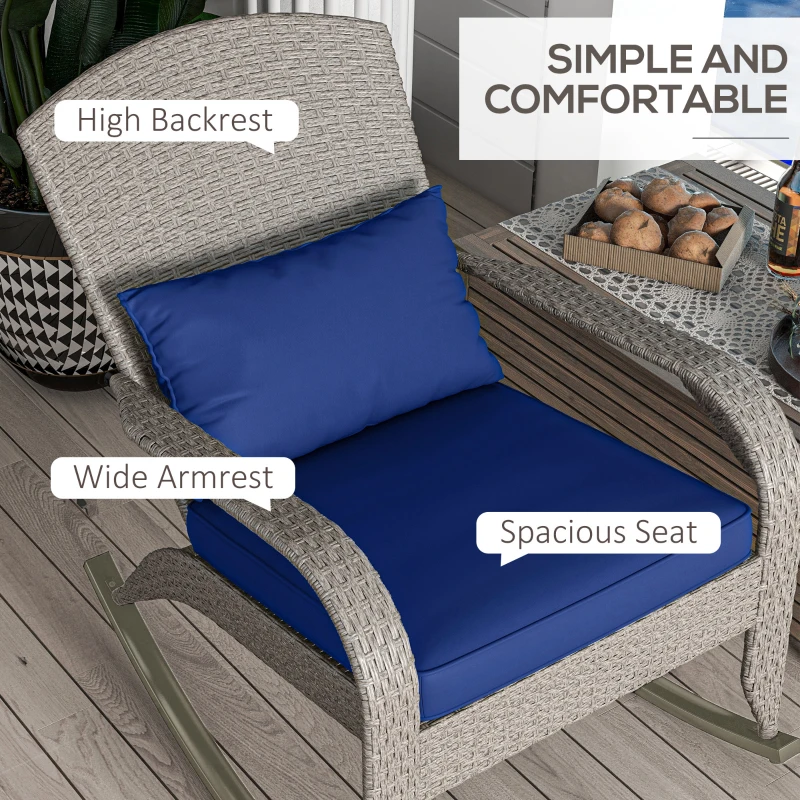 Outsunny Adirondack Chair, Outdoor Wicker Rocking Chair with High Back, Seat Cushion and Pillow for Porch, Balcony, Dark Blue