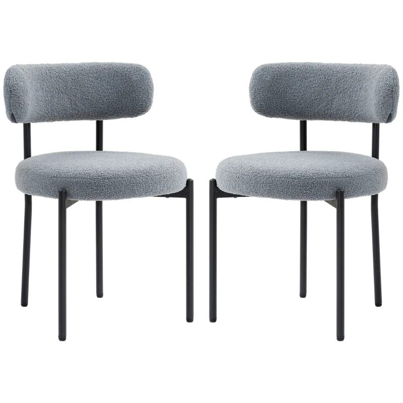 HOMCOM 2 Pieces Kitchen Chairs, Modern Dining Chairs w/ Berber Fleece Upholstery and Steel Legs for Living Room, Grey