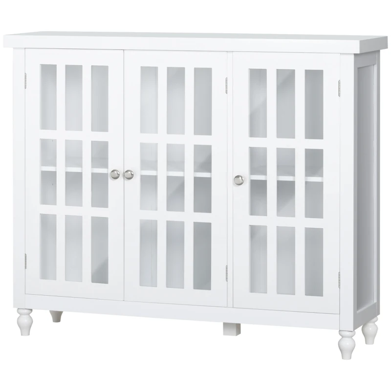 HOMCOM Sideboard, Buffet Cabinet with 3 Tempered Glass Doors, Stripe Pattern and Adjustable Storage Shelf, Credenza, White