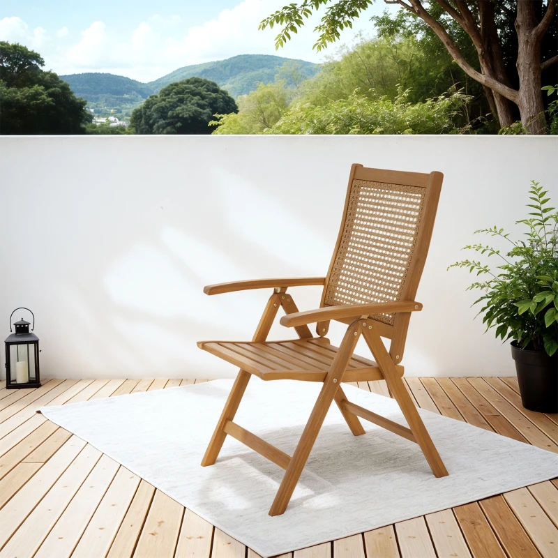Outsunny Outdoor Folding Chair with Adjustable Back, Wood Foldable Dining Chair with Slatted Seat, Armrest, Teak
