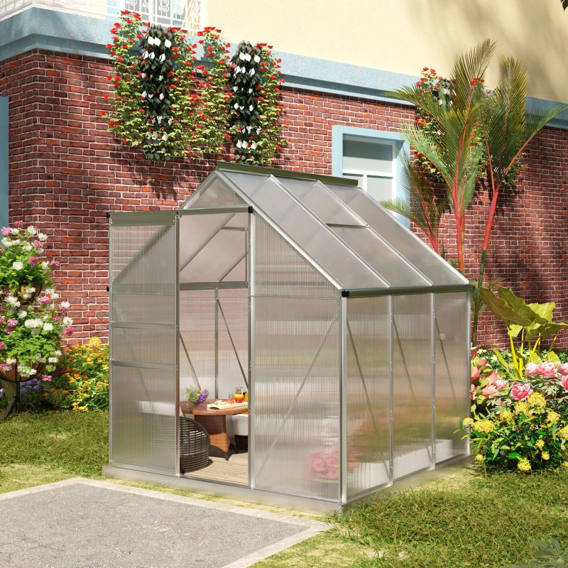 Outsunny 6' x 6' x 6.5' Polycarbonate Greenhouse with Aluminum Frame, Walk-in Heavy Duty Green House with Adjustable Roof Vent, Rain Gutter and Sliding Door for Winter, Silver