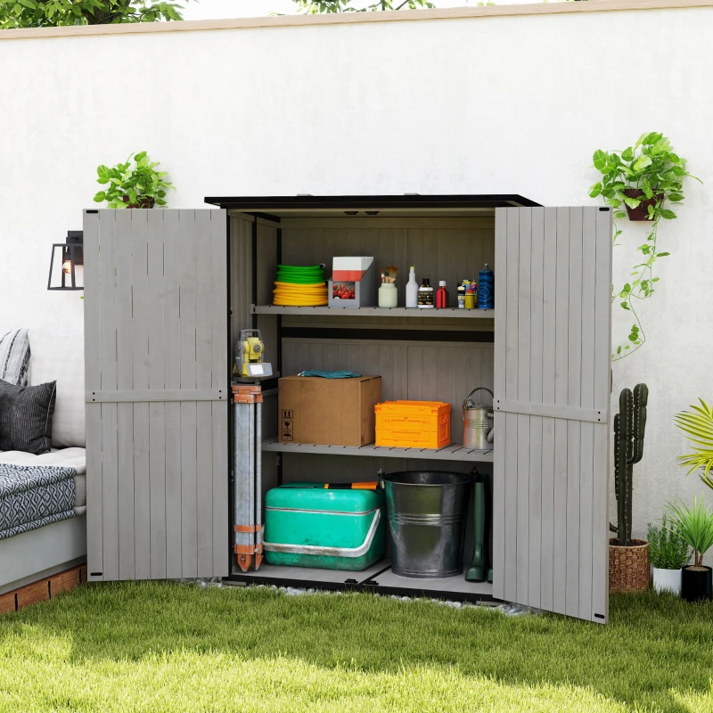 Outsunny Wood Storage Shed, Outdoor Garden Shed with Asphalt Roof, 2 Shelves, Lockable Doors and Adjustable Feet, Gray