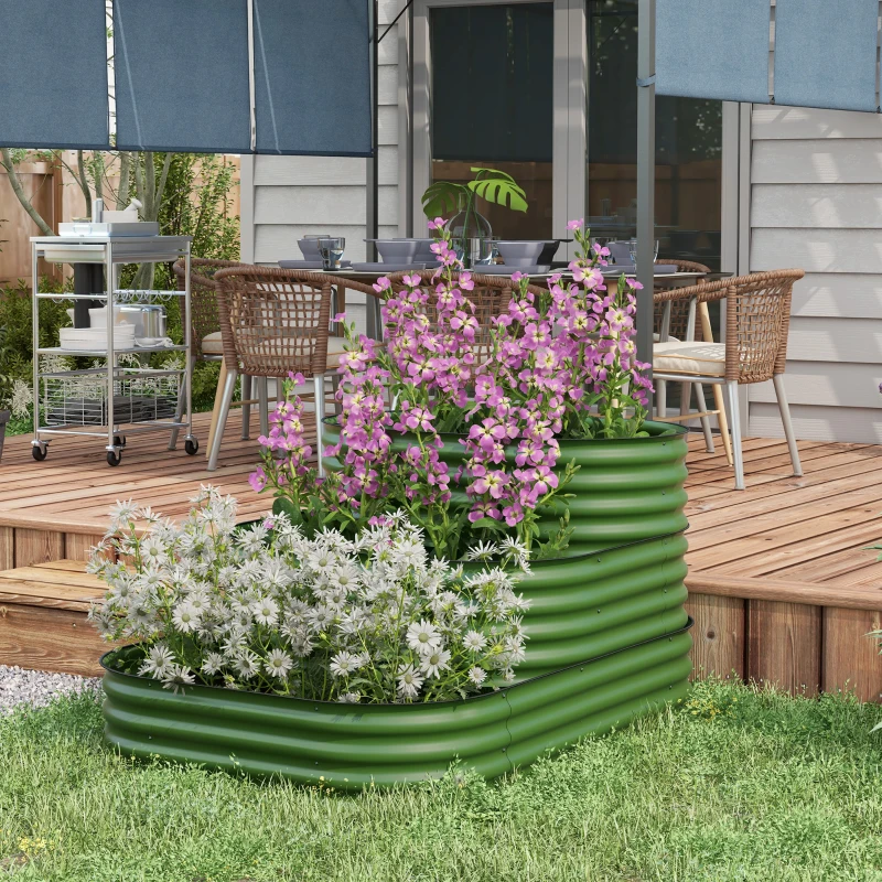 Outsunny 5.2'x3.6'x2.7' Outdoor Raised Garden Bed, 3-Tier Galvanized Planter Box with Safety Edging for Vegetable, Flower, Green