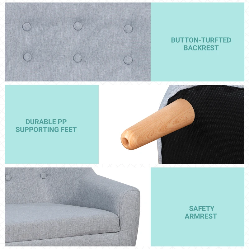 Qaba 2-Seat Linen Fabric and Wooden Frame Sofa Couch for Kids and Toddlers Ages 3-7, 11" High Seat, Grey