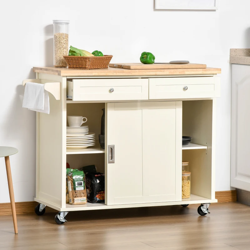 HOMCOM Rolling Kitchen Island, Kitchen Cart on Wheels with Rubberwood Top, 2 Drawers, Towel Rack, Cream White