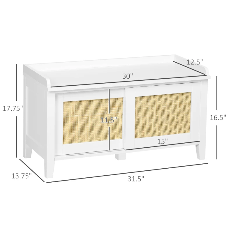 HOMCOM Entry Way Bench Shoe Storage Bench with Shoe Cabinets 2 Rattan Sliding Doors and Pine Wood Legs for Hallway White