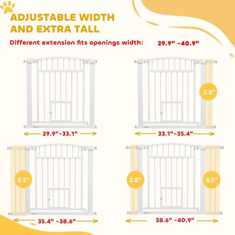 PawHut 30"-41" Extra Wide Walk Through Dog Gate w/ Cat Door, 3-Inch & 5.5-Inch Extension Kits, 30" High