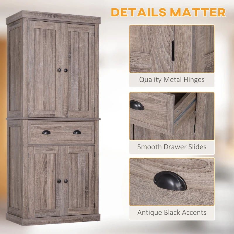 HOMCOM 72.5" Kitchen Pantry Cabinet, Freestanding Storage Cabinet with 4 Doors, Drawer and 3 Adjustable Shelves, Brown
