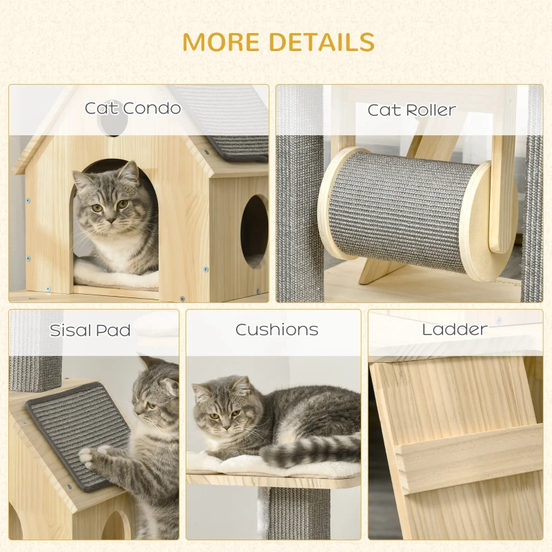 PawHut 49" Cat Tree, Cute Cat Tower with Pillow Covered Perches, Spinning Toy, Cat Condo, Scratching Posts, Ladder, Cat Activity Center, Cat Furniture for Indoor Cats, Natural