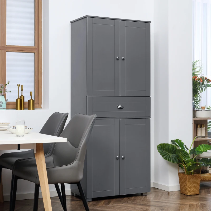 HOMCOM 72" Freestanding Kitchen Pantry Cabinet, Tall Storage Cabinet with 4 Doors, Drawer and Adjustable Shelves for Dining Room, Gray