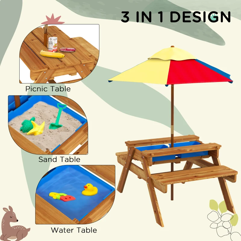 Outsunny Sensory Table 3 in 1 Toddler Water and Sand Table w/ Foldable Umbrella 2 Play Boxes Removable Top, 3-6 Years Old, Teak