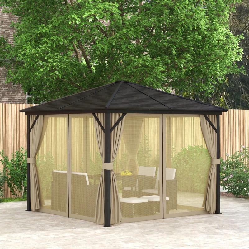Outsunny 10' x 10' Hardtop Gazebo Canopy, Permanent Pavilion with Hook, Curtains, Aluminum Frame for Patio, Garden, Brown