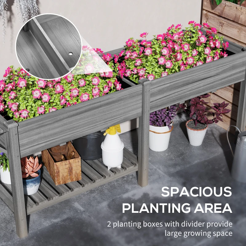 Outsunny Wood Raised Garden Box, Elevated Garden Bed with Side Table, Bottom Shelf, Bed Liners and Drainage Holes, Gray