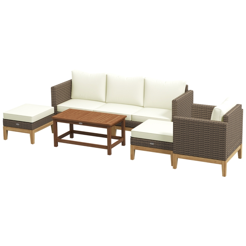 Outsunny Patio Furniture Set w/ Cushions, 5 PCs PE Rattan Conversation Furniture Set, Cream White