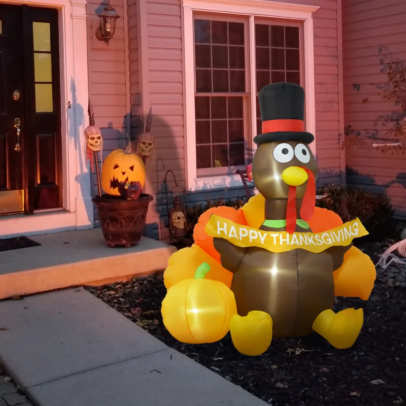 HOMCOM 5ft Inflatable Thanksgiving Turkey Pulls Banner with Pumpkin, Blow Up LED Display for Garden Indoor Outdoor