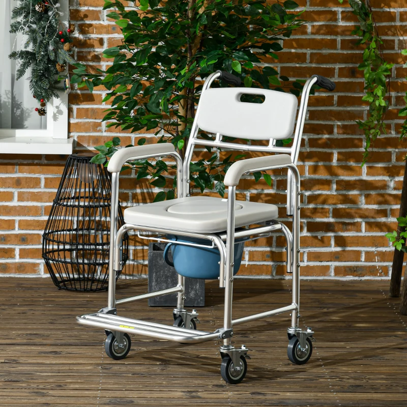 HOMCOM 3-in-1 Shower Commode Wheelchair, FSA/HSA Eligible Transport Beside Commode Chair, Waterproof Rolling Over Toilet Chair 330 lbs. Weight Capacity with Padded Seat, Gray