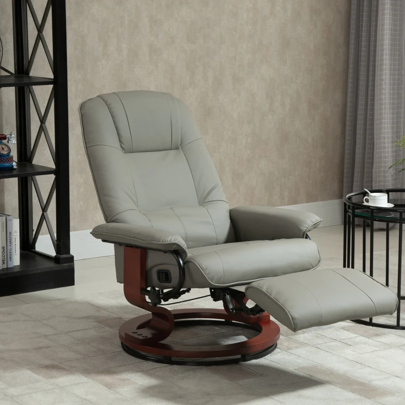 HOMCOM Faux Leather Manual Recliner, Adjustable Swivel Lounge Chair with Footrest, Armrest and Wrapped Wood Base for Living Room, Gray(m-9)