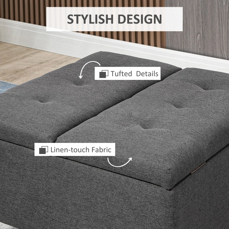 HOMCOM 30" Square Storage Ottoman, Upholstered Ottoman Coffee Table with Lift Top, Button Tufted and Wood Legs, Accent Footstool for Living Room, Dark Gray