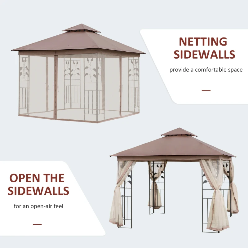 Outsunny 10'x10' Soft-top Steel Patio Gazebo Outdoor Sun Shelter with 2-Tier Polyester Roof, Curtain Sidewalls, Brown