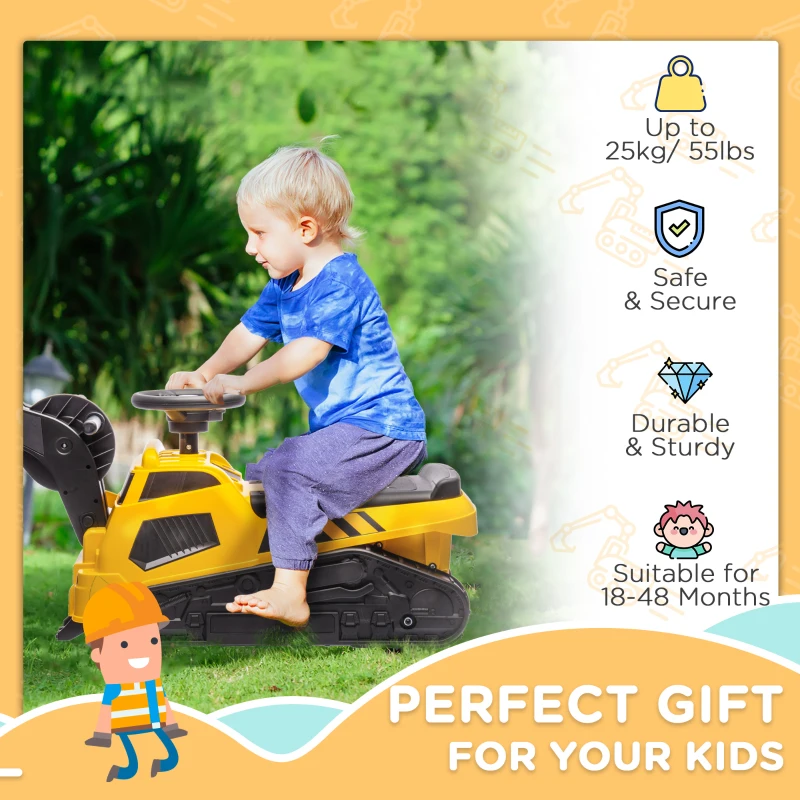 Aosom 3 in 1 Ride on Excavator Bulldozer Road Roller, No Power Pretend Play Construction with Music, for 18-48 Months, Yellow