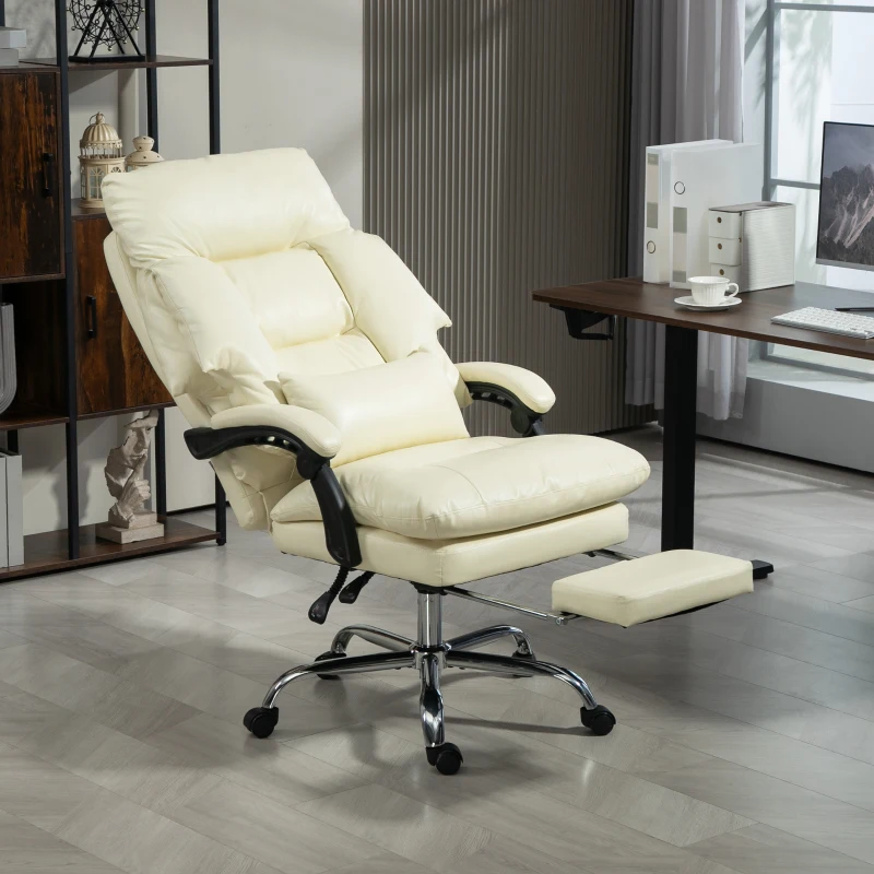 HOMCOM Overstuffed Office Chair, High Back Desk Chair with Foot Rest, Reclining PU Leather Computer Chair, Cream White
