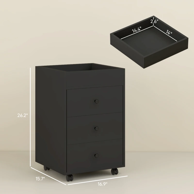 HOMCOM 3 Drawer File Cabinet on Wheels Mobile Home Office Storage Cabinet with Top Tray Under Desk Printer Stand, Black