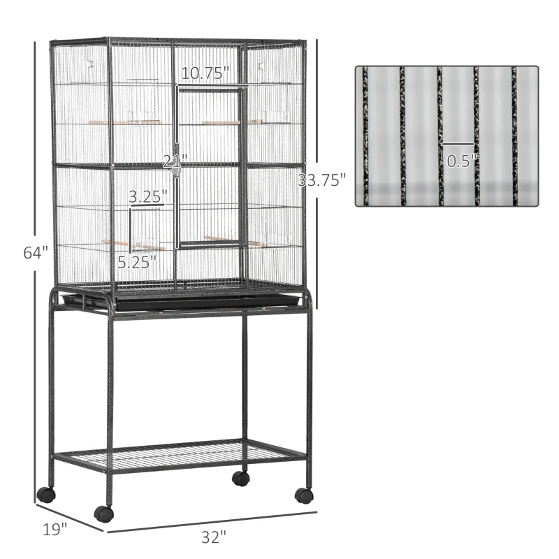 PawHut 30" Rolling Metal Bird Cage Feeder with Detachable Rolling Stand, Storage Shelf, Wood Perch & Food Container