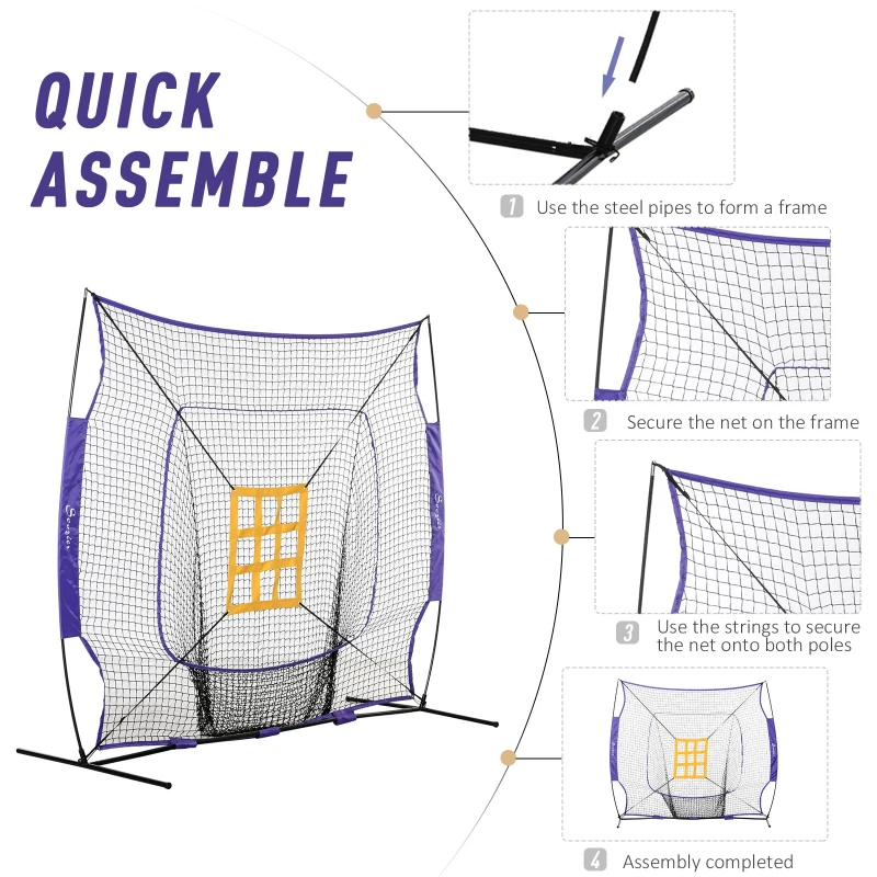 Soozier Baseball Practice Net Set with 7.5x7ft Catcher Net, Ball Caddy and Batting Tee, Portable Pitching Net with Carry Bag for Hitting, Pitching, Batting, Catching, Purple