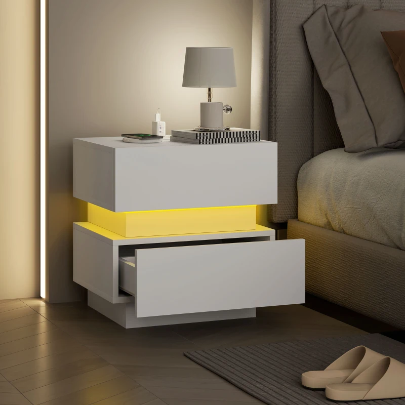 HOMCOM Bedside Table with Charging Station and LED Light Modern Nightstand with USB Ports AC Outlets Drawers Remote, White