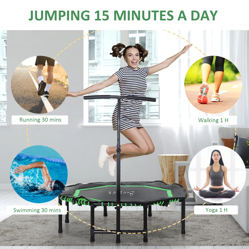 Soozier 48" Silent Mini Trampoline with Adjustable Handle Bar Fitness Trampoline Bungee Rebounder Jumping Cardio Trainer Workout for Adults or Teens Jump Exercise Equipment Green