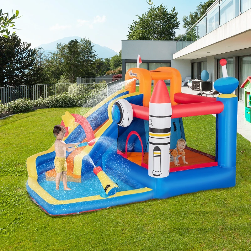 Outsunny 5-in-1 Water Slide Kids Inflatable Bounce House Space Theme Water Park Includes Slide Trampoline Pool Cannon Climbing Wall with Carry Bag, Repair Patches without Air Blower
